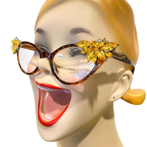 Vintage Vixen Retro Readers tortoise frames with gold rhinestones +.50 - Picture 3 of 6